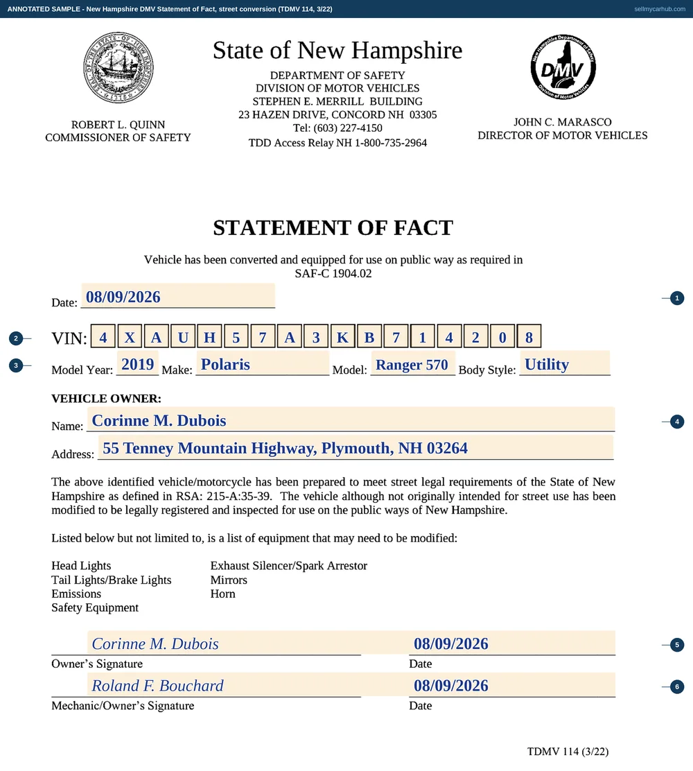 The New Hampshire Statement of Fact, form TDMV 114, filled in as an annotated sample. The printed certification about conversion for use on a public way under Saf-C 1904.02 runs across the top. The date is completed, the vehicle identification number is written one character per cell across a seventeen-cell comb, and the model year, make, model and body style are filled in. The vehicle owner is named as Corinne M. Dubois of Plymouth with an address. The printed list of equipment that may need modification appears below, and the two dated signature lines at the foot, for the owner and for the mechanic or owner, are signed.