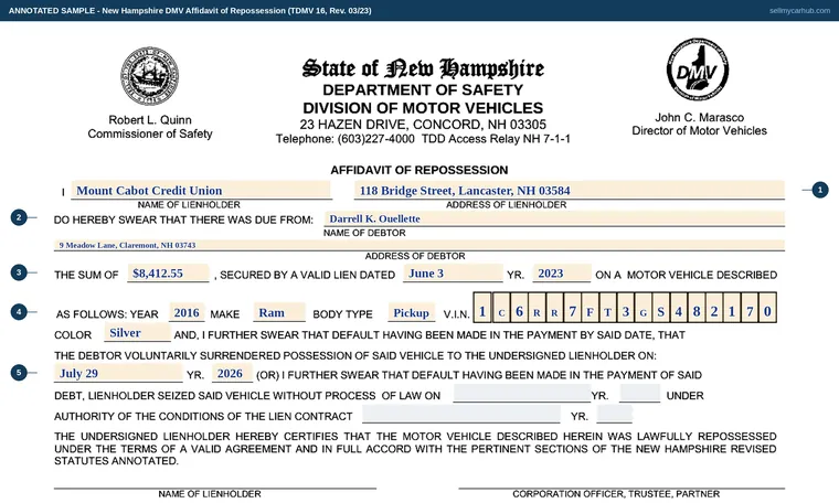 Top of our filled-in example of New Hampshire TDMV 16, Affidavit of Repossession