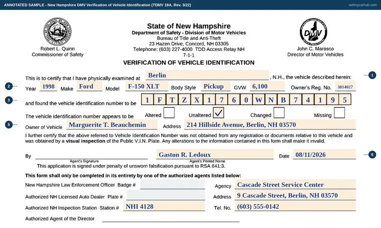 Top of our filled-in example of New Hampshire TDMV 19A, Verification of Vehicle Identification