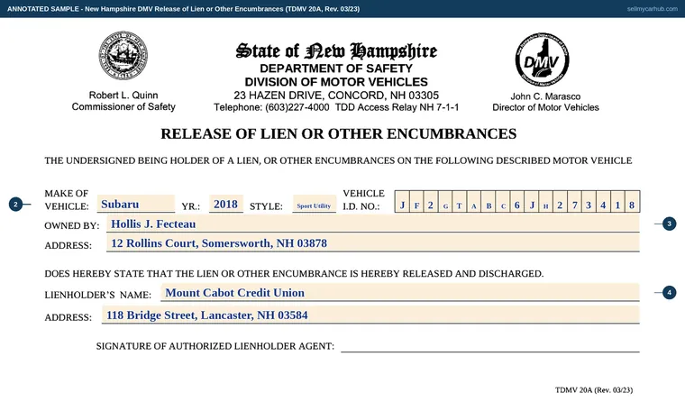 Top of our filled-in example of New Hampshire TDMV 20A, Release of Lien or Other Encumbrances