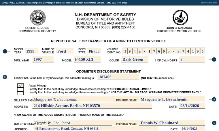 Top of our filled-in example of New Hampshire TDMV 22A, Report of Sale or Transfer of a Non-Titled Motor Vehicle