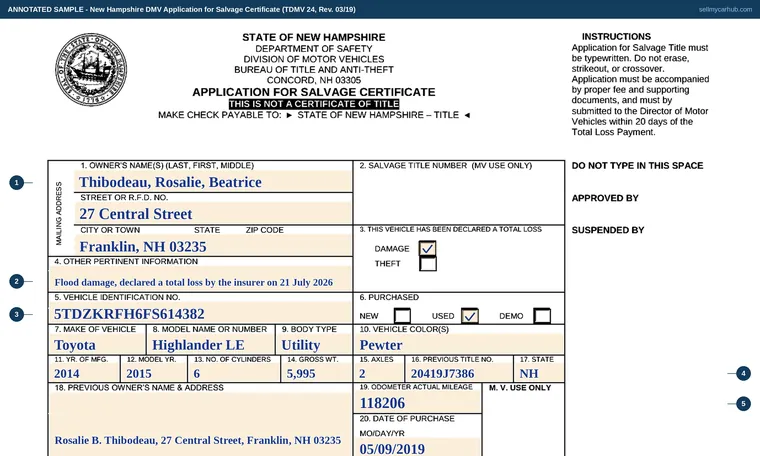 Top of our filled-in example of New Hampshire TDMV 24, Application for Salvage Certificate