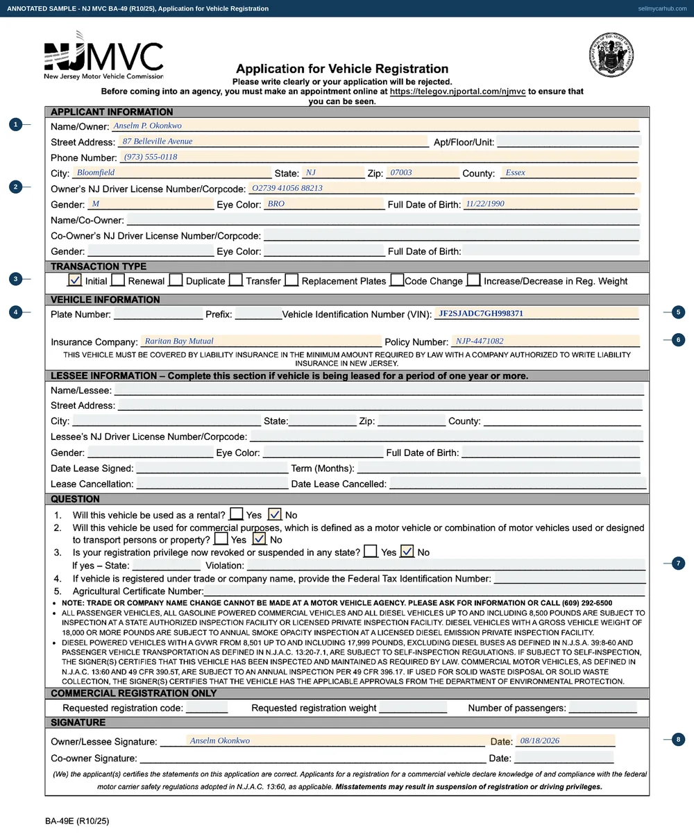 The New Jersey BA-49 vehicle registration application filled in by the buyer: Anselm P. Okonkwo of Bloomfield in Essex County, an Initial transaction, VIN JF2SJADC7GH998371, an insurance company and policy number, the three yes-or-no questions all answered No, and the owner signature dated 18 August 2026.