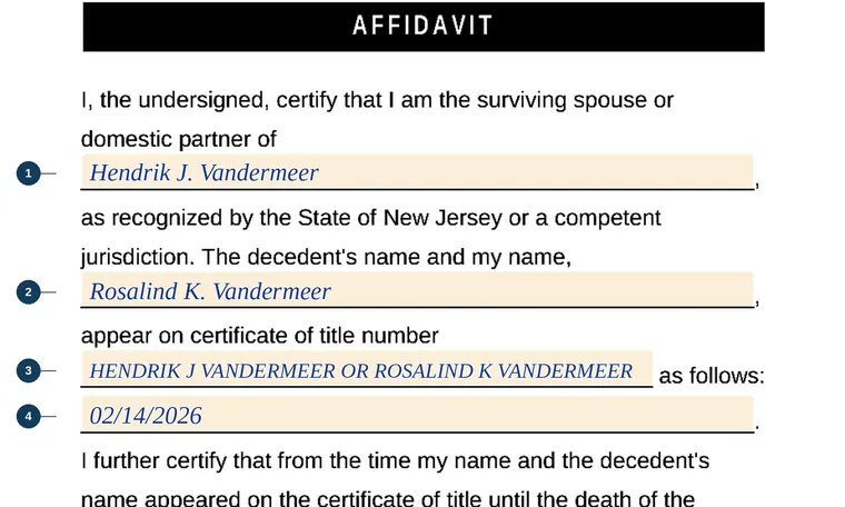 Part of our filled-in example of New Jersey BA-62, Affidavit of Surviving Spouse or Domestic Partner, showing the filled-in entries