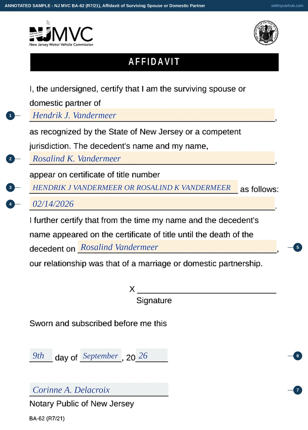 The New Jersey BA-62 affidavit filled in: Rosalind K. Vandermeer certifying she is the surviving spouse of Hendrik J. Vandermeer, the two names as they appear on certificate of title number 4820916031, a date of death of 14 February 2026, her signature, and the notary block completed.