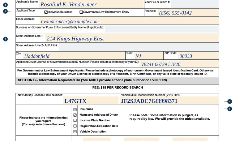 Part of page 1 of our filled-in example of New Jersey DO-11A, Vehicle Registration Application Request, showing the filled-in entries