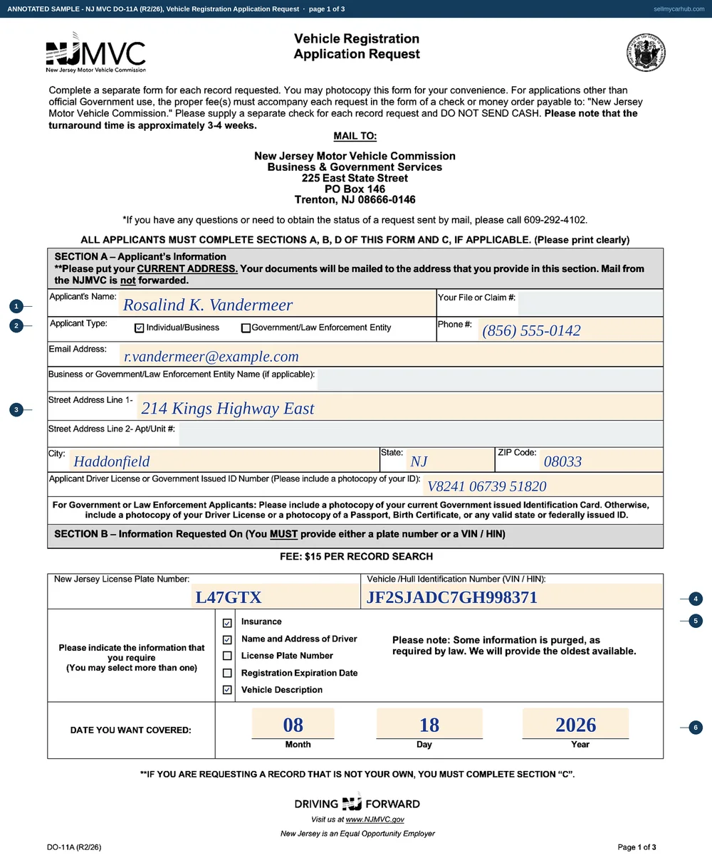The New Jersey DO-11A registration record request filled in: Rosalind K. Vandermeer of Haddonfield, plate L47GTX and VIN JF2SJADC7GH998371, three of the five information boxes ticked, and a date to be covered of 18 August 2026.