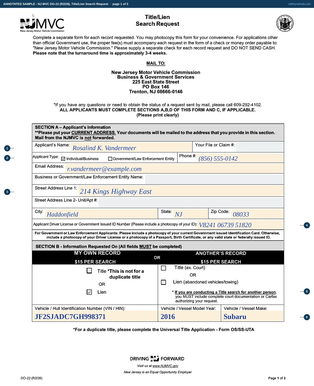 The New Jersey DO-22 title and lien search request filled in for the applicant's own record: Rosalind K. Vandermeer of Haddonfield, applicant type individual, a driver licence number, the Lien box ticked in the my-own-record column, and the VIN, model year and make of a 2016 Subaru Forester.