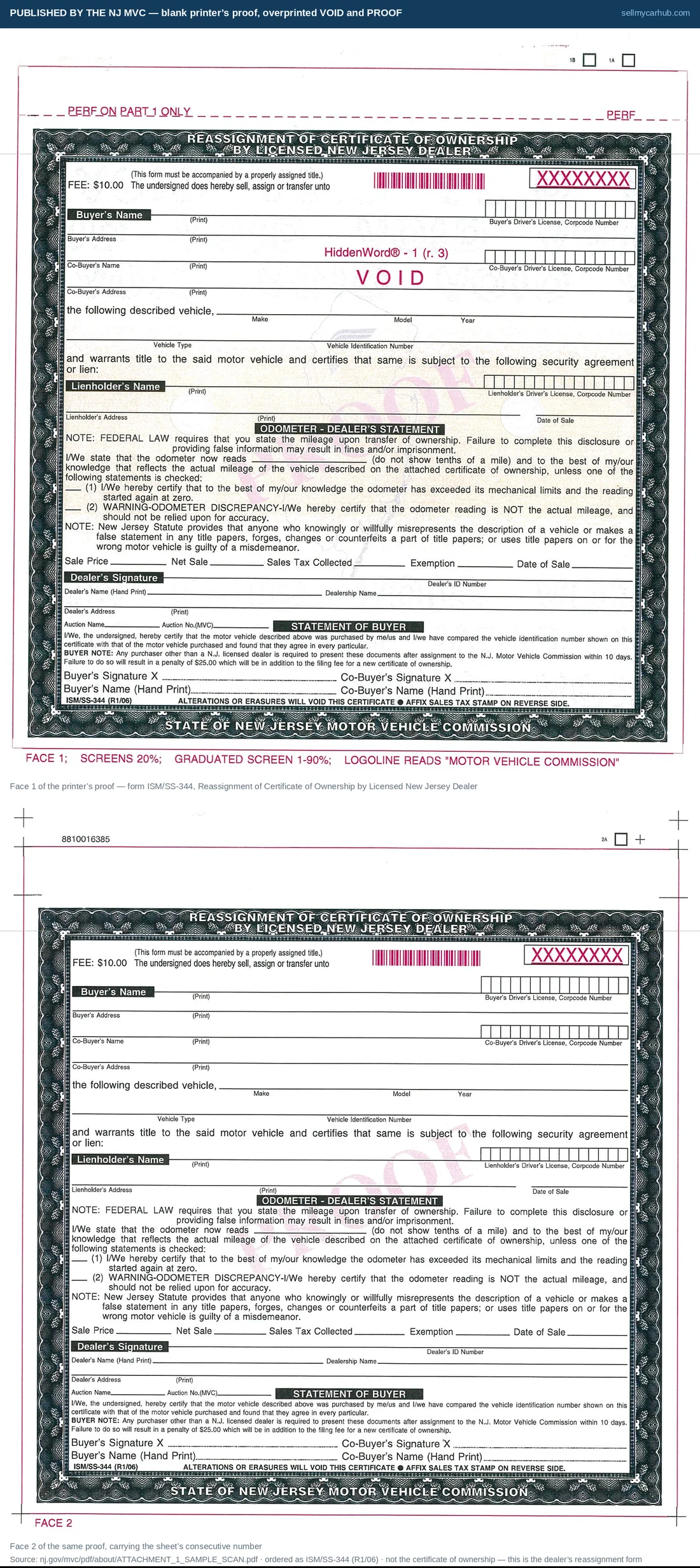 A blank printer's proof of New Jersey form ISM/SS-344, the Reassignment of Certificate of Ownership by Licensed New Jersey Dealer, overprinted VOID and PROOF: buyer and co-buyer name and address blocks, a vehicle description line, a lienholder block, the odometer dealer's statement with its two exception boxes, a dealer signature block and the Statement of Buyer.