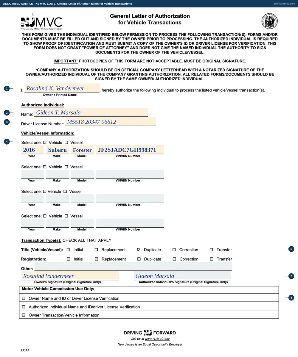 The New Jersey LOA-1 filled in: owner Rosalind K. Vandermeer authorising Gideon T. Marsala, with his driver licence number, to process transactions on a 2016 Subaru Forester with VIN JF2SJADC7GH998371, the Vehicle selector marked, Duplicate ticked on the title row, and both original signatures at the foot.