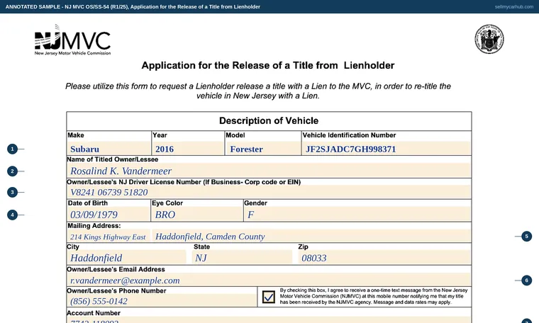 Top of our filled-in example of New Jersey OS/SS-54, Application for the Release of a Title from Lienholder