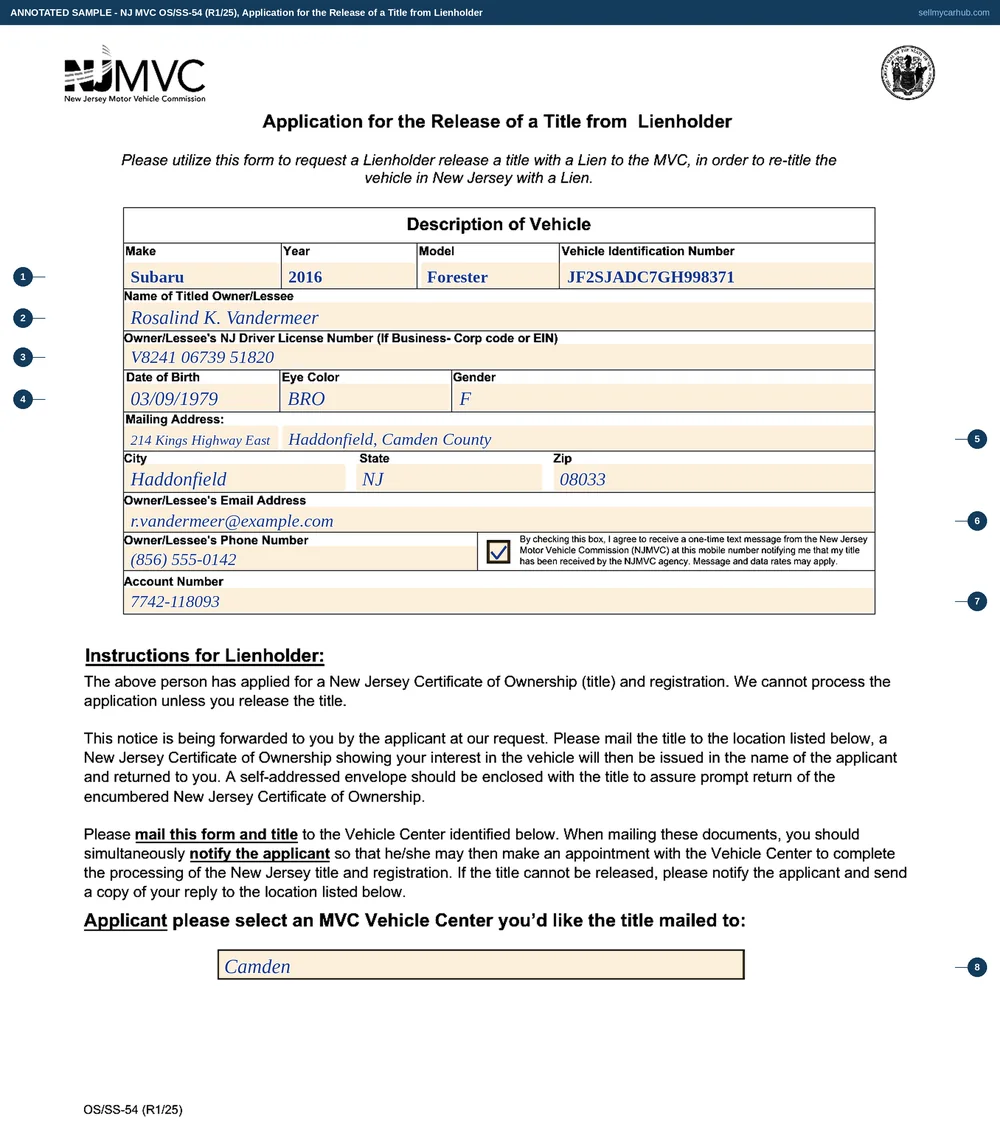 The New Jersey OS/SS-54 filled in: a 2016 Subaru Forester with VIN JF2SJADC7GH998371, titled owner Rosalind K. Vandermeer of Haddonfield with her driver licence number, date of birth and contact details, the text-message box ticked, an account number, and a vehicle centre selected at the foot for the lender to post the title to.
