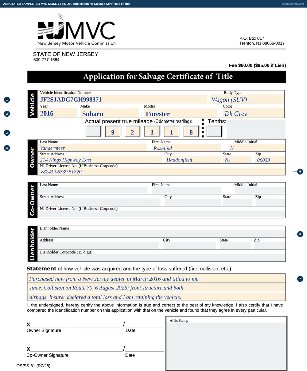 The New Jersey OS/SS-61 salvage title application filled in: a 2016 Subaru Forester, VIN JF2SJADC7GH998371, an odometer reading of 92,318 written one digit to a box, owner Rosalind K. Vandermeer of Haddonfield with her driver licence number, and a three-line statement describing a collision on Route 70 and a total loss.