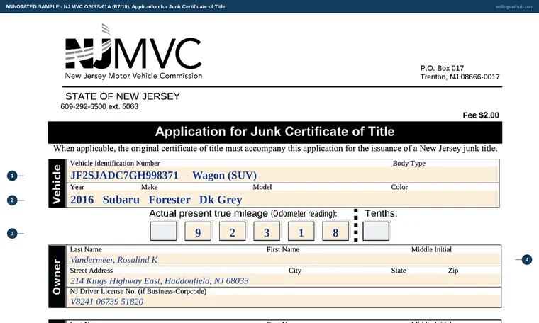 Top of our filled-in example of New Jersey OS/SS-61A, Application for Junk Certificate of Title