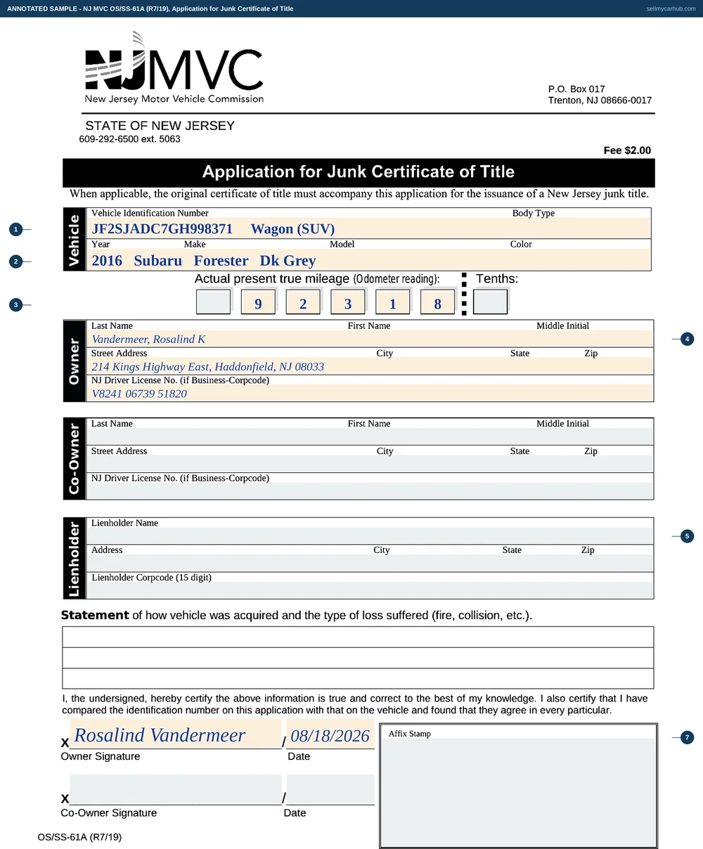 The New Jersey OS/SS-61A junk title application filled in: a 2016 Subaru Forester with VIN JF2SJADC7GH998371 written on the single wide vehicle line, an odometer reading of 92,318 one digit to a box, owner Rosalind K. Vandermeer of Haddonfield, a three-line statement of how the vehicle was acquired and the loss suffered, and the owner signature dated.