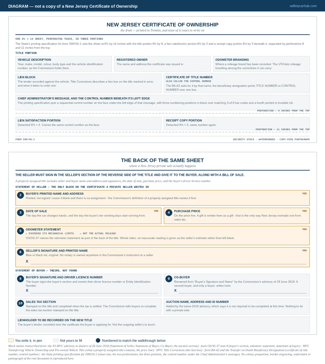 A labelled diagram of a New Jersey certificate of ownership, front and back, marked DIAGRAM across the top. The front shows the department-printed vehicle and owner blocks, the lien block and the control number; the back shows the Statement of Seller, the odometer statement, the Statement of Buyer, the Co-Buyer line, the auction section and the sales tax stamp, with the seller's four entries and signature picked out in amber.