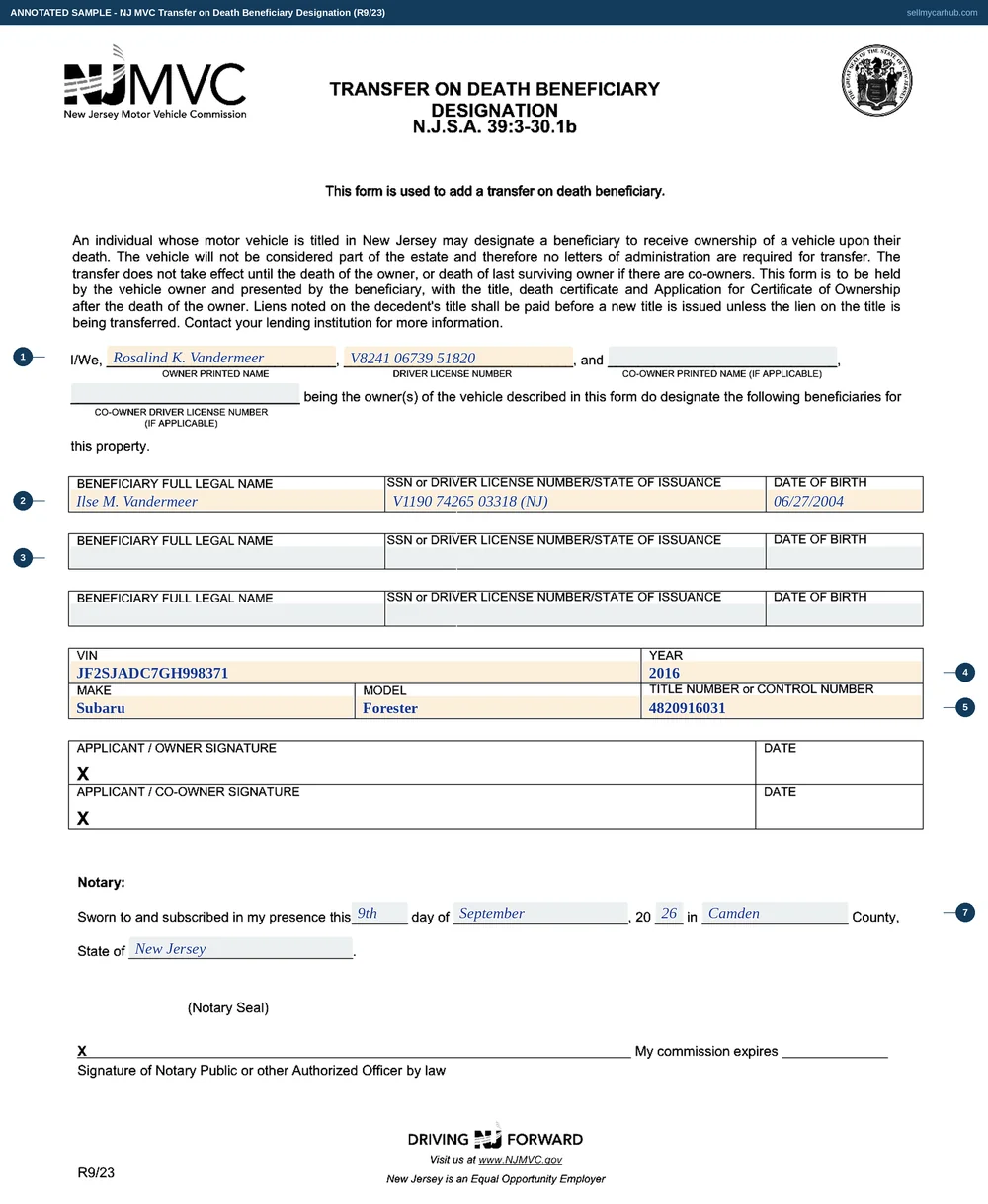 The New Jersey Transfer on Death Beneficiary Designation filled in: owner Rosalind K. Vandermeer with her driver licence number, one beneficiary named as Ilse M. Vandermeer with a licence number and date of birth, the 2016 Subaru Forester with VIN JF2SJADC7GH998371 and title number 4820916031, and the notary block completed in Camden County, New Jersey.
