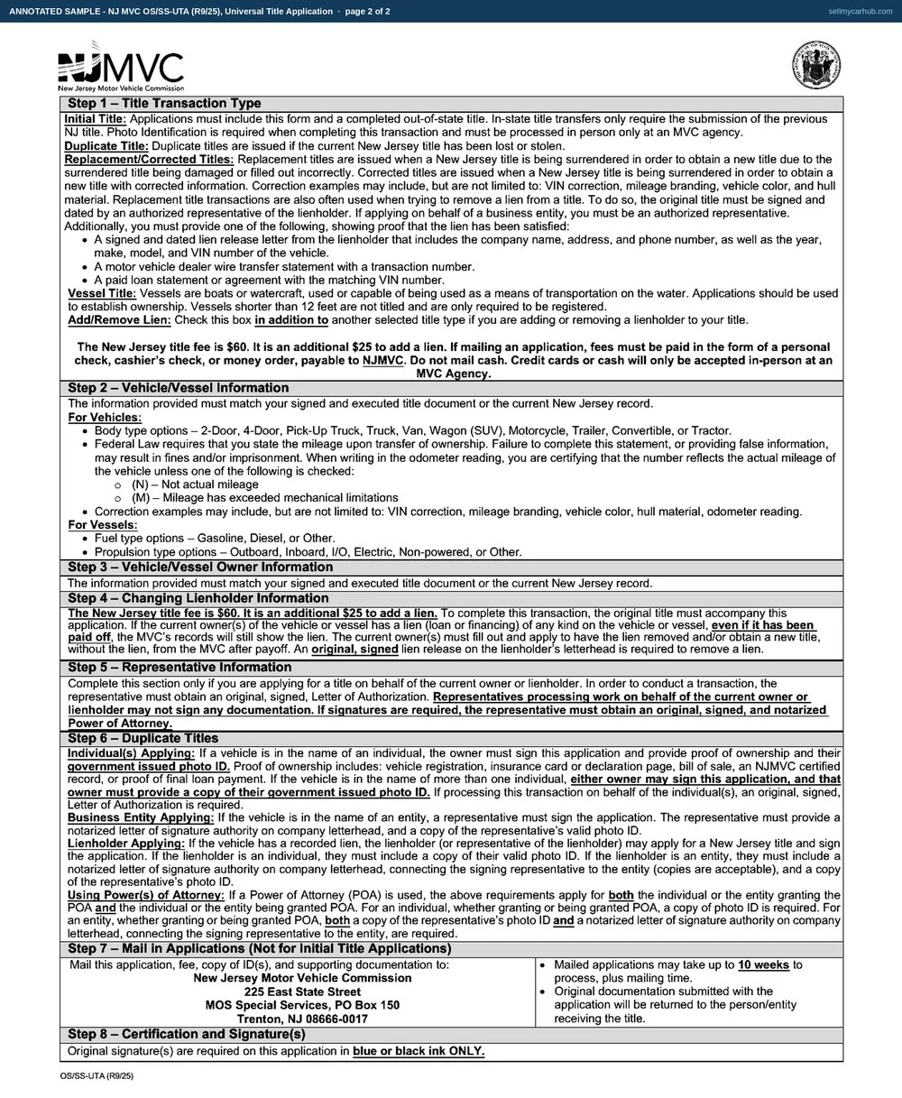 The New Jersey Universal Title Application filled in as a duplicate title request: the Duplicate Title box ticked, a 2016 Subaru Forester with VIN JF2SJADC7GH998371 and plate L47GTX, an odometer reading of 92,318 with neither exception box checked, owner Rosalind K. Vandermeer of Haddonfield, the individual column of step six ticked for photo identification and a New Jersey registration, and the certification signed and dated.