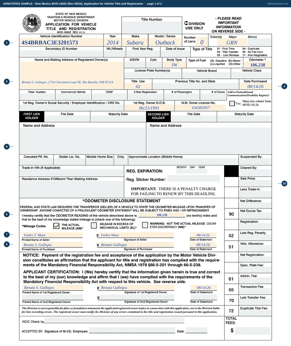 New Mexico form MVD-10002, Application for Vehicle Title and Registration, filled in for a private sale: a 2014 Subaru Outback, VIN 4S4BRBAC3E3201573, title transfer type 02, buyer Renata S. Gallegos of Rio Rancho as registered owner, an odometer disclosure reading 106,238 miles with the actual mileage box checked, signed by seller Ysidro T. Maes and by the purchaser, with the Division Use Only fee column washed grey.