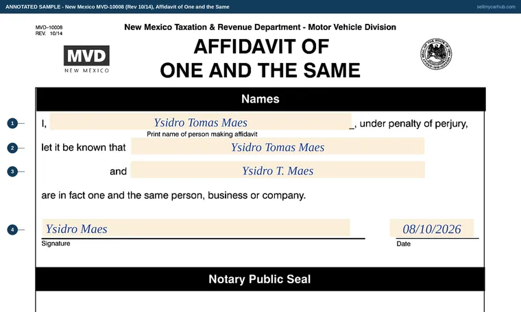 Top of our filled-in example of New Mexico MVD-10008, Affidavit of One and the Same