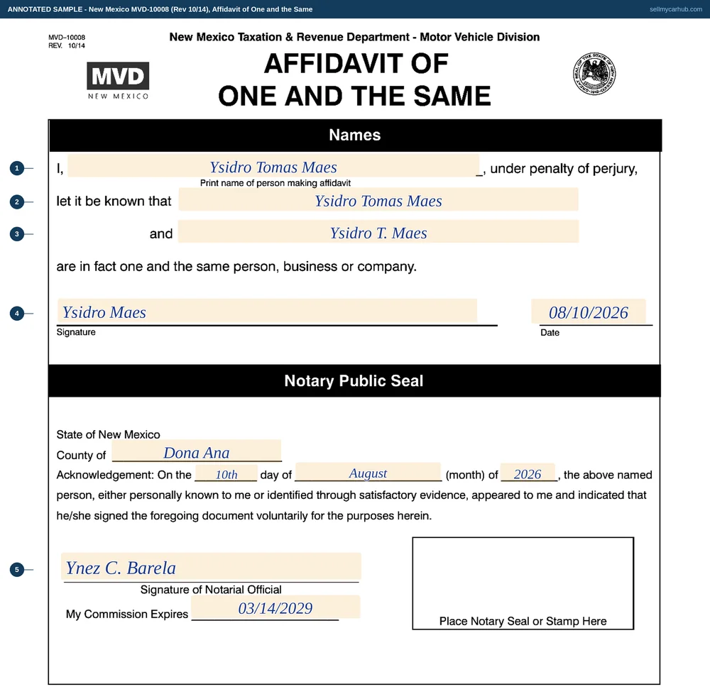 New Mexico form MVD-10008, Affidavit of One and the Same, filled in: Ysidro Tomas Maes printed as the person making the affidavit, the two name lines reading Ysidro Tomas Maes and Ysidro T. Maes, the signature and date completed, and the notary acknowledgement block filled in with commission expiry and seal space.
