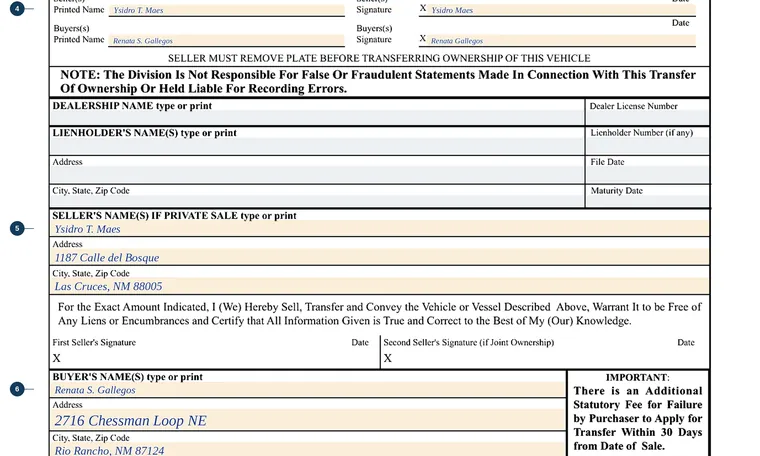 Part of page 1 of our filled-in example of New Mexico MVD-10009, Bill of Sale, showing the filled-in entries