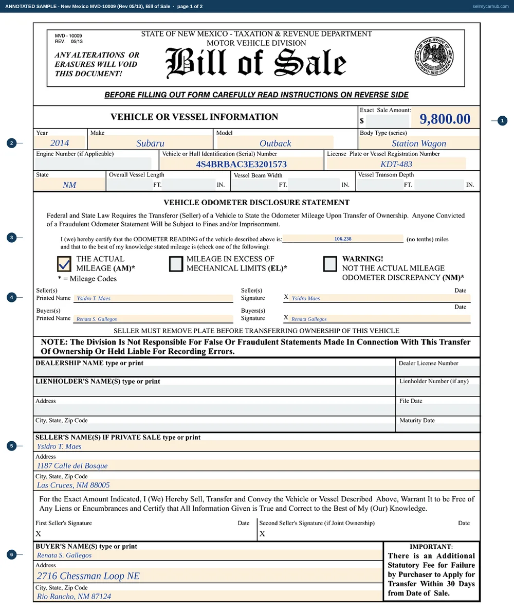 New Mexico form MVD-10009, the Bill of Sale, filled in: a 2014 Subaru Outback, vehicle identification number 4S4BRBAC3E3201573, sold for $9,800 by Ysidro T. Maes of Las Cruces to Renata S. Gallegos of Rio Rancho on August 14, 2026, with an odometer reading of 106,238 and the actual-mileage box checked, both signatures present, and the dealer and lienholder blocks washed grey.