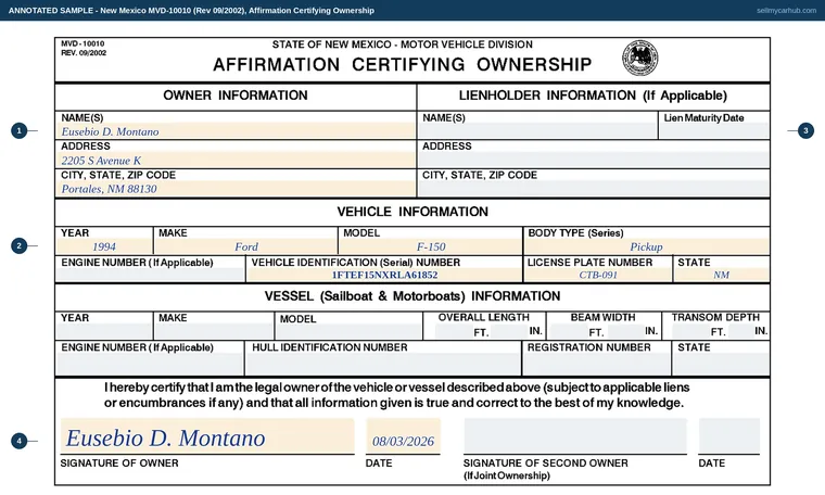 Top of our filled-in example of New Mexico MVD-10010, Affirmation Certifying Ownership