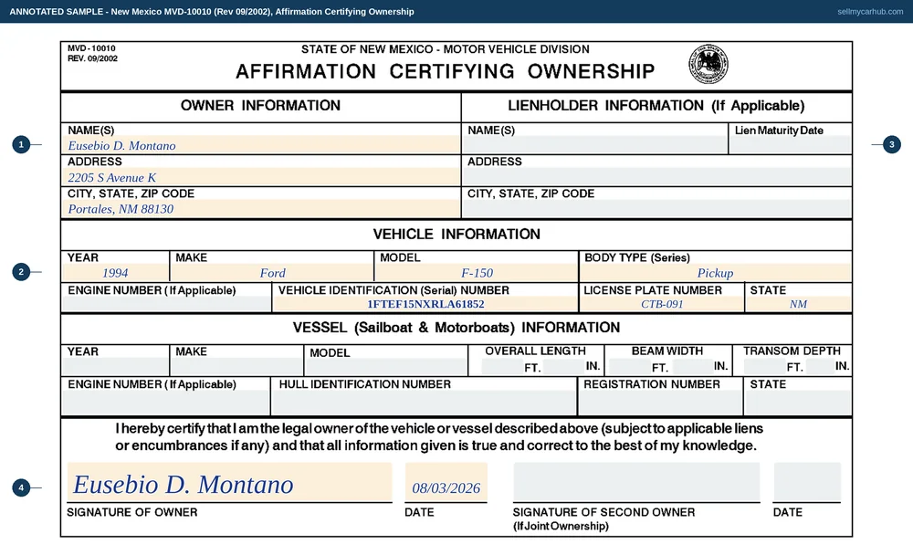 New Mexico form MVD-10010, Affirmation Certifying Ownership, filled in: owner Eusebio D. Montano of Portales, a 1994 Ford F-150 pickup, VIN 1FTEF15NXRLA61852 with a New Mexico plate, the lienholder and vessel blocks washed grey, and the owner's certification signed and dated with the second-owner rule left empty.