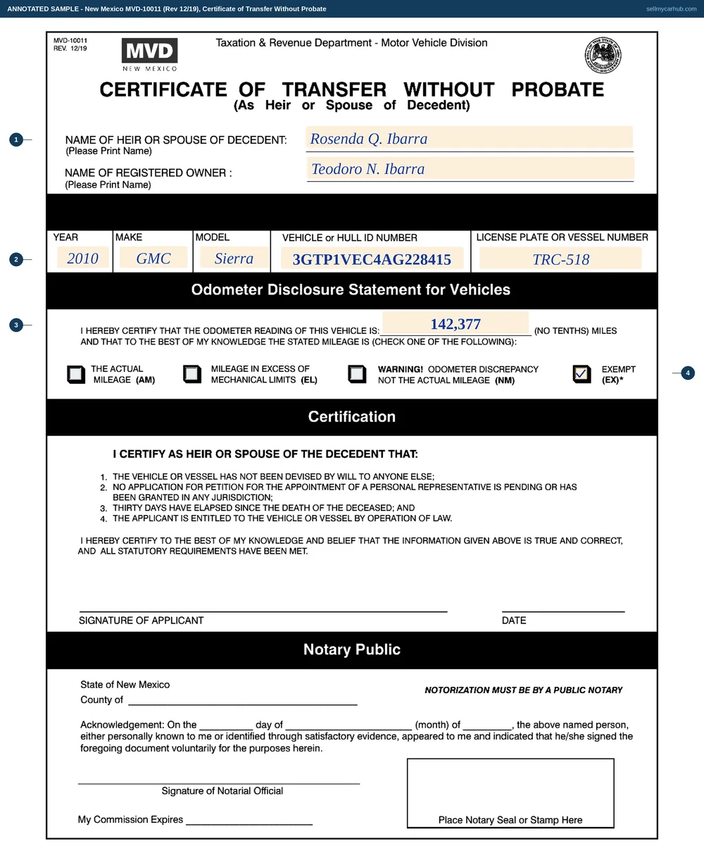 New Mexico form MVD-10011, Certificate of Transfer Without Probate, filled in: heir or spouse Rosenda Q. Ibarra and registered owner Teodoro N. Ibarra, a 2010 GMC Sierra with VIN 3GTP1VEC4AG228415, an odometer reading of 142,377 with the Exempt (EX) box checked for the sixteen-year-old truck, above the printed certification conditions and the notary acknowledgement block with its seal space.