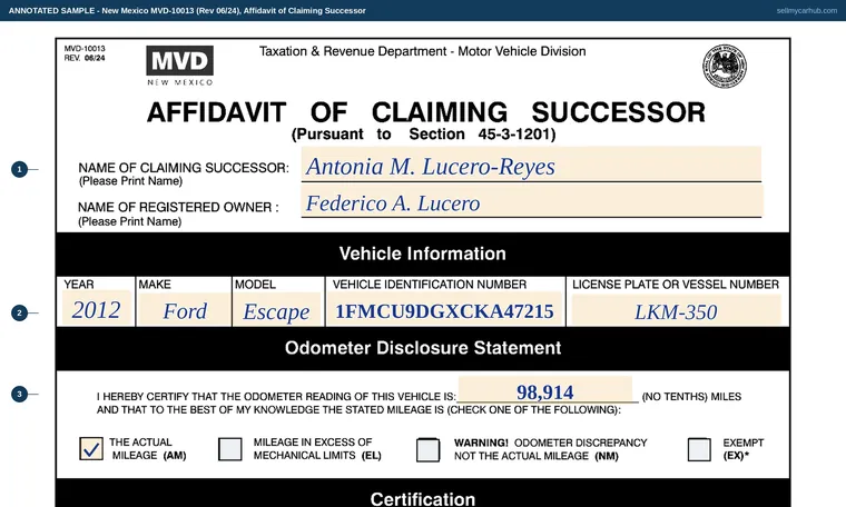 Top of our filled-in example of New Mexico MVD-10013, Affidavit of Claiming Successor