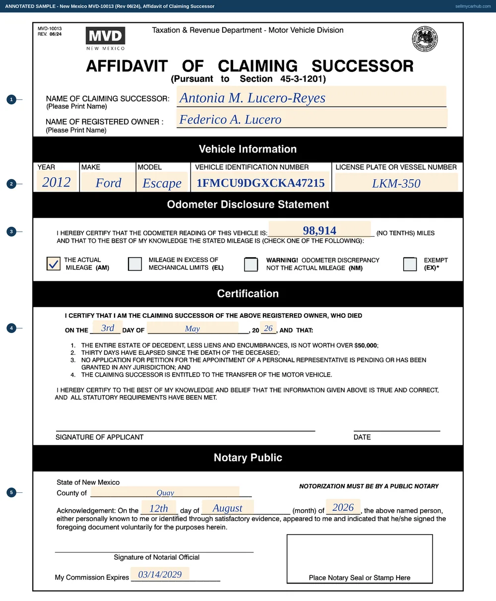 New Mexico form MVD-10013, Affidavit of Claiming Successor, filled in: claiming successor Antonia M. Lucero-Reyes and registered owner Federico A. Lucero, a 2012 Ford Escape with VIN 1FMCU9DGXCKA47215, an odometer disclosure of 98,914 miles with the actual mileage box checked, a date of death of May 3, 2026 in the certification, and the notary acknowledgement's county, date and commission-expiry entries completed.