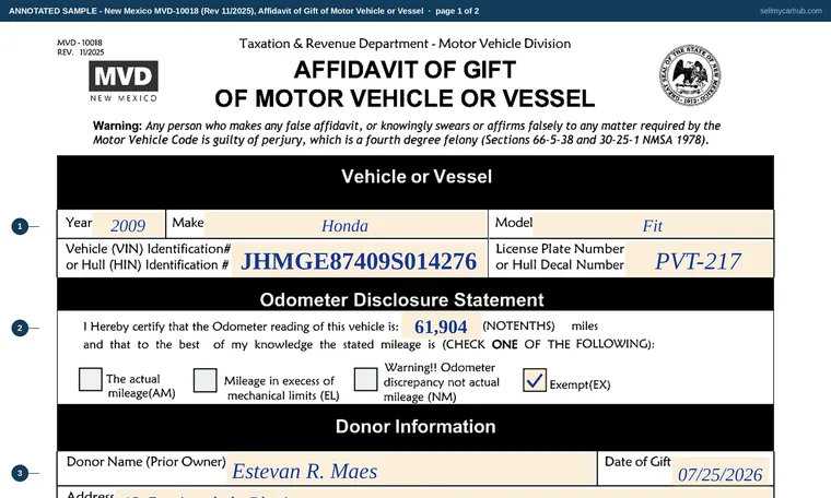 Top of page 1 of our filled-in example of New Mexico MVD-10018, Affidavit of Gift of Motor Vehicle or Vessel