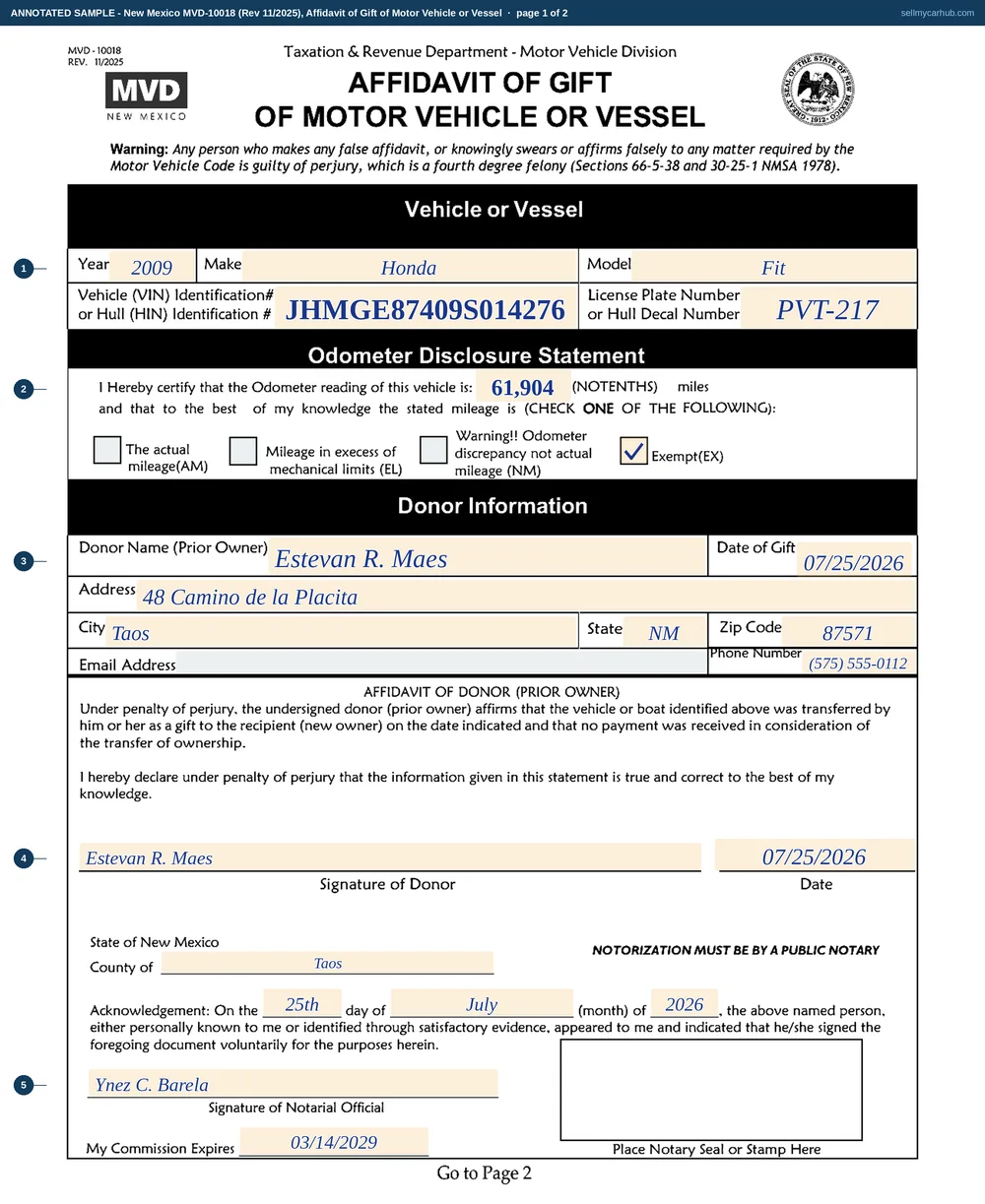 Both pages of New Mexico form MVD-10018, Affidavit of Gift of Motor Vehicle or Vessel, filled in: a 2009 Honda Fit, VIN JHMGE87409S014276, given by Estevan R. Maes of Taos to his daughter Camila J. Maes on July 25, 2026, the Exempt (EX) odometer box checked for the seventeen-year-old car, each page signed and carrying its own completed notary acknowledgement.