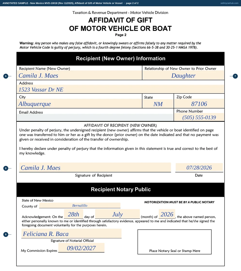Both pages of New Mexico form MVD-10018, Affidavit of Gift of Motor Vehicle or Vessel, filled in: a 2009 Honda Fit, VIN JHMGE87409S014276, given by Estevan R. Maes of Taos to his daughter Camila J. Maes on July 25, 2026, the Exempt (EX) odometer box checked for the seventeen-year-old car, each page signed and carrying its own completed notary acknowledgement.