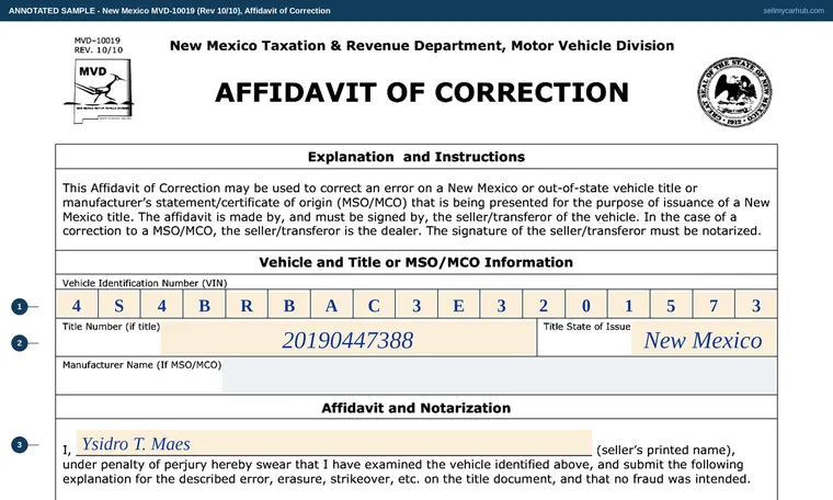 Top of our filled-in example of New Mexico MVD-10019, Affidavit of Correction