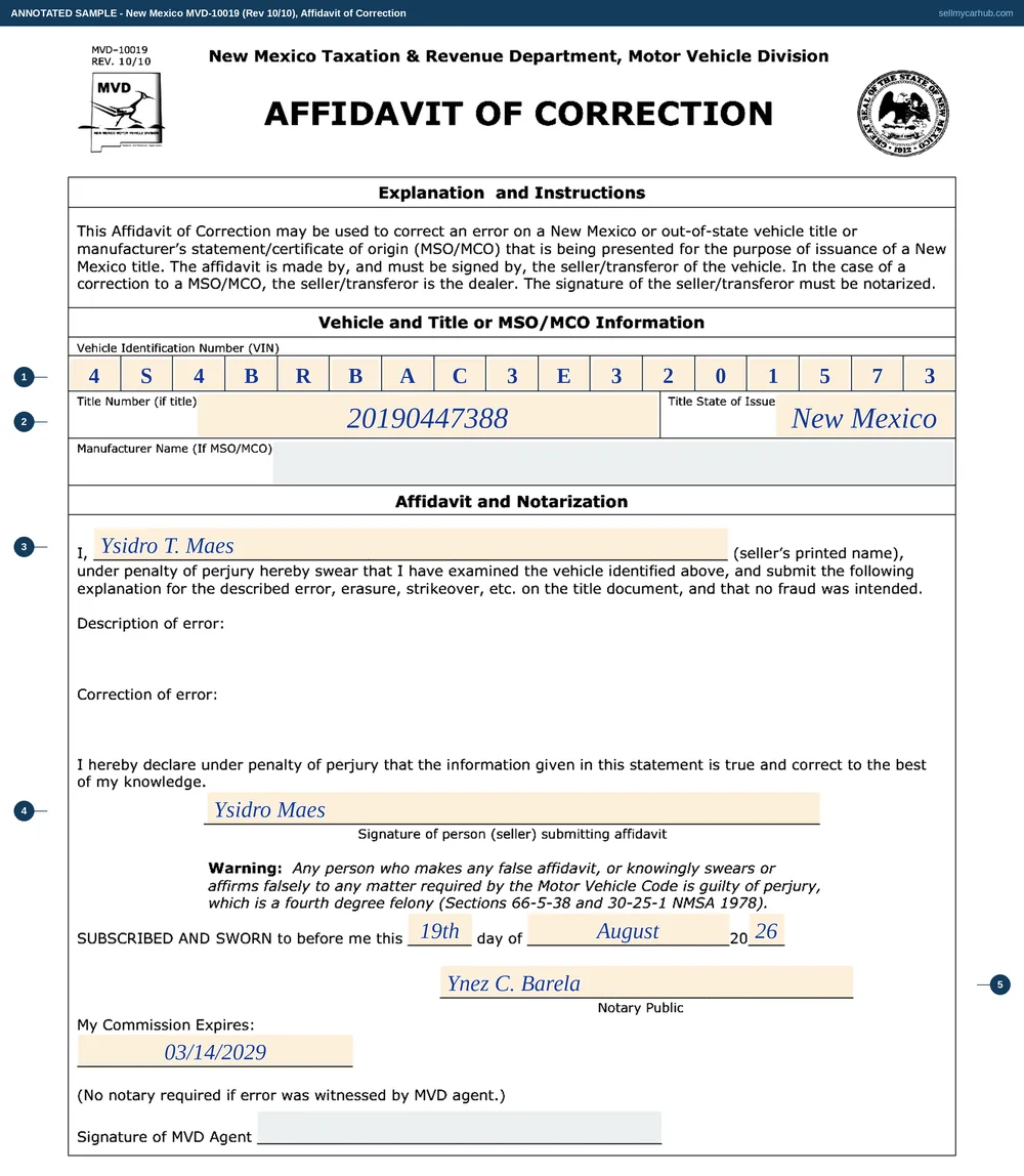 New Mexico form MVD-10019, Affidavit of Correction, filled in: the VIN 4S4BRBAC3E3201573 written one character per printed box, a New Mexico title numbered 20190447388, seller Ysidro T. Maes named in the affidavit sentence and signed above the perjury warning, with the subscribed-and-sworn date, the notary's name and the commission expiry completed.