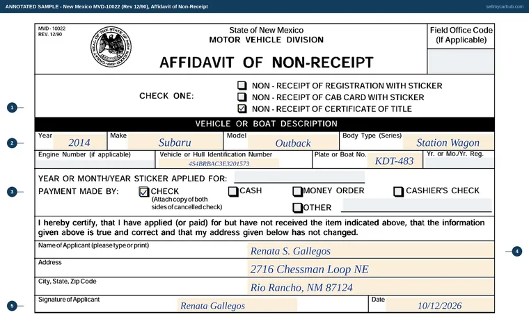 Top of our filled-in example of New Mexico MVD-10022, Affidavit of Non-Receipt
