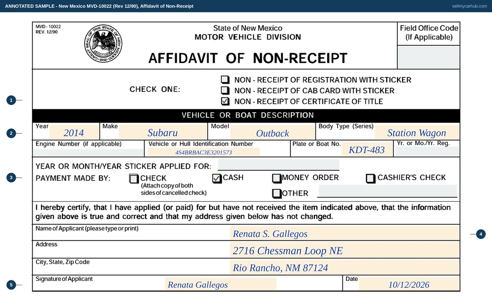 New Mexico form MVD-10022, Affidavit of Non-Receipt, filled in: the NON-RECEIPT OF CERTIFICATE OF TITLE box checked for a 2014 Subaru Outback, VIN 4S4BRBAC3E3201573, plate KDT-483, payment made by check with the cancelled-check note, and the certification signed by applicant Renata S. Gallegos of Rio Rancho, whose address has not changed.