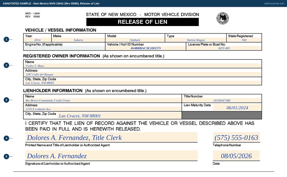 New Mexico form MVD-10041, Release of Lien, filled in: a 2014 Subaru Outback, VIN 4S4BRBAC3E3201573, registered owner Ysidro T. Maes of Las Cruces, lienholder Rio Bravo Community Credit Union with title number and lien maturity date completed, released by title clerk Dolores A. Fernandez, signed and dated, with the owner's blocks completed but no owner signature anywhere on the sheet.