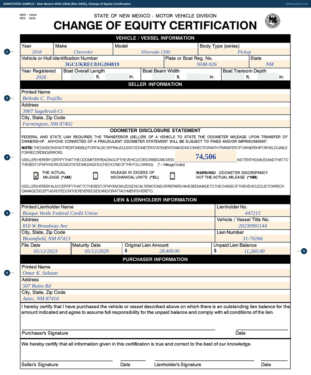 New Mexico form MVD-10044, Change of Equity Certification, filled in: a 2018 Chevrolet Silverado, VIN 3GCUKREC8JG204819, seller Belinda C. Trujillo of Farmington, an odometer disclosure of 74,506 actual miles, lienholder Bosque Verde Federal Credit Union with an original lien amount of $28,400.00 and an unpaid balance of $11,260.00, and purchaser Omar K. Salazar of Aztec named above the assumption certification.