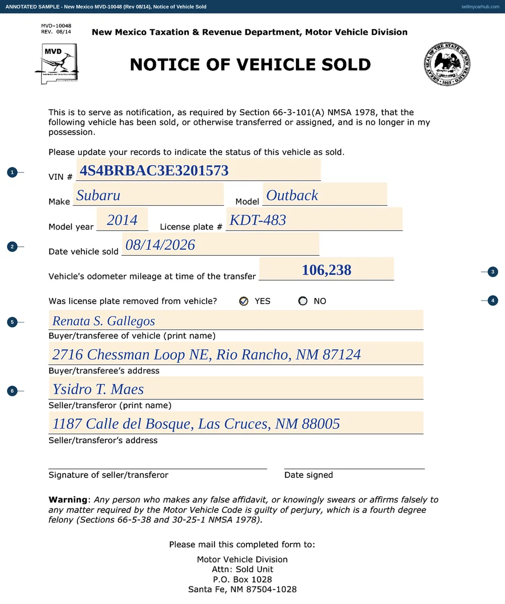 New Mexico form MVD-10048, Notice of Vehicle Sold, filled in: a 2014 Subaru Outback, VIN 4S4BRBAC3E3201573, plate KDT-483, sold August 14, 2026 at 106,238 miles, the YES box checked for license plate removed, and buyer Renata S. Gallegos of Rio Rancho and seller Ysidro T. Maes of Las Cruces printed with their addresses above the signature rule and the perjury warning.