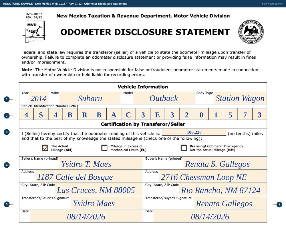 New Mexico form MVD-10187, Odometer Disclosure Statement, filled in: a 2014 Subaru Outback, VIN 4S4BRBAC3E3201573, certified at 106,238 miles with the actual mileage box checked, seller Ysidro T. Maes of Las Cruces and buyer Renata S. Gallegos of Rio Rancho printed in their two columns, both signatures dated August 14, 2026.