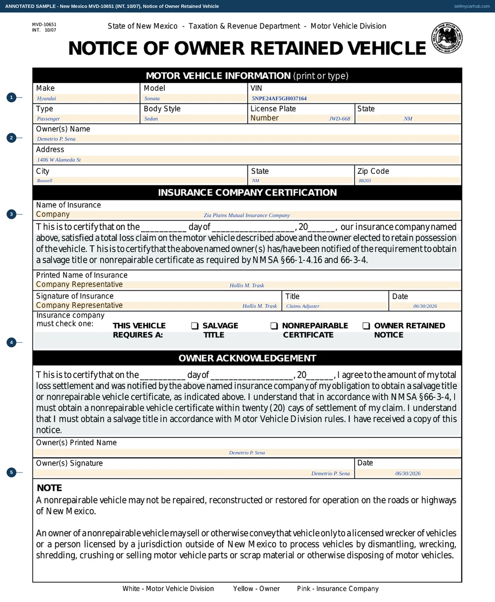 New Mexico form MVD-10651, Notice of Owner Retained Vehicle, filled in: a 2016 Hyundai Sonata, VIN 5NPE24AF5GH037164, owner Demetrio P. Sena of Roswell, Zia Plains Mutual Insurance Company certifying a total-loss settlement dated June 30, 2026 with the Salvage Title box checked, the company representative's signature and title completed, and the owner's acknowledgement signed and dated.