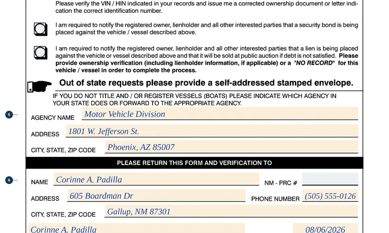 Part of page 1 of our filled-in example of New Mexico MVD-10705, Request for Vehicle or Hull Identification Number Verification, showing the filled-in entries