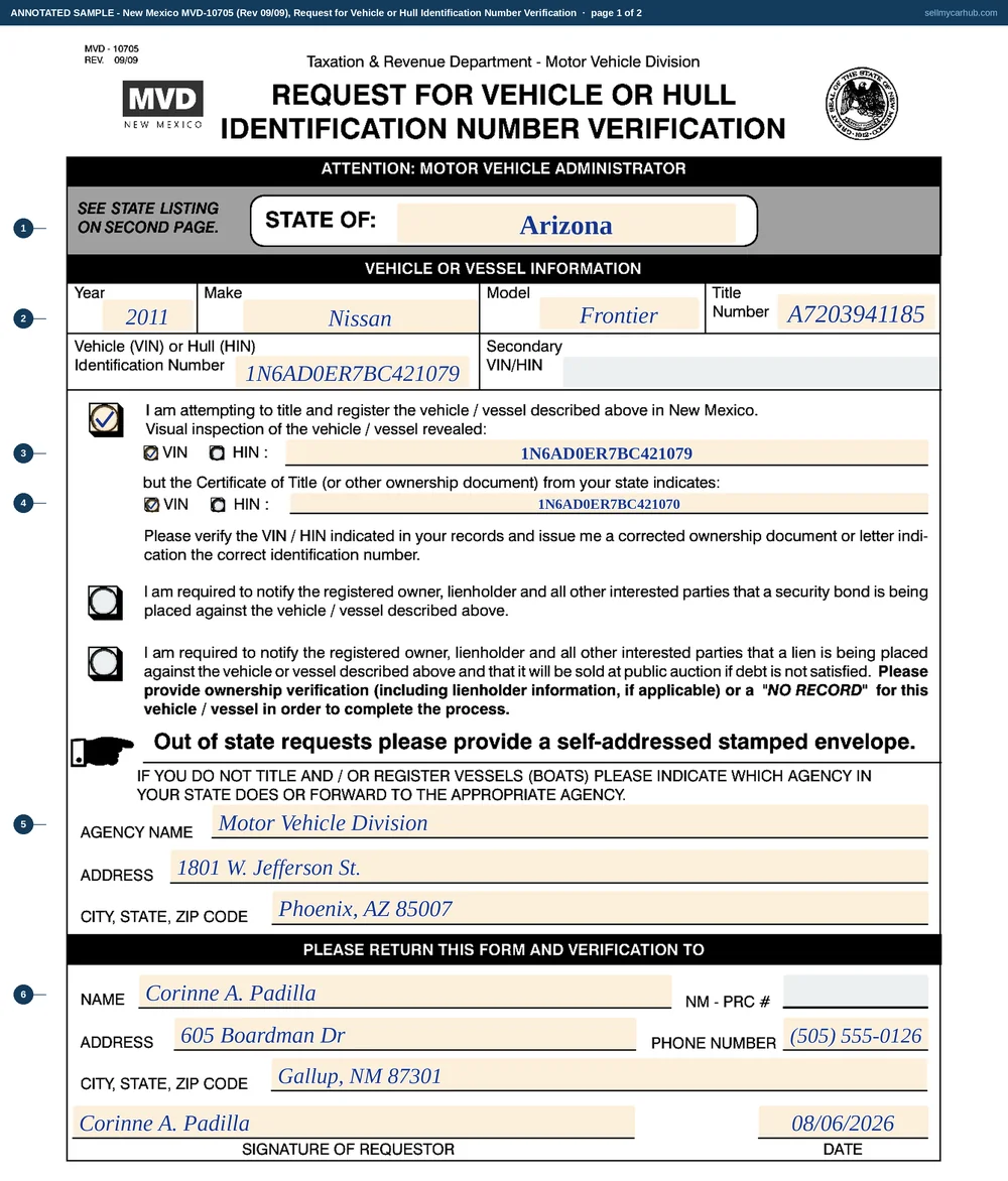 New Mexico form MVD-10705, Request for Vehicle or Hull Identification Number Verification, filled in: addressed to the State of Arizona, a 2011 Nissan Frontier whose New Mexico visual inspection revealed VIN 1N6AD0ER7BC421079 while the Arizona certificate of title indicates a VIN ending 421070, the first checkbox marked, the reply agency block completed from the state directory, and requester Corinne A. Padilla of Gallup named in the return block.