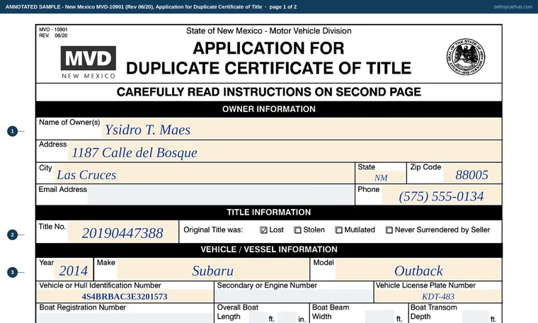 Top of page 1 of our filled-in example of New Mexico MVD-10901, Application for Duplicate Certificate of Title