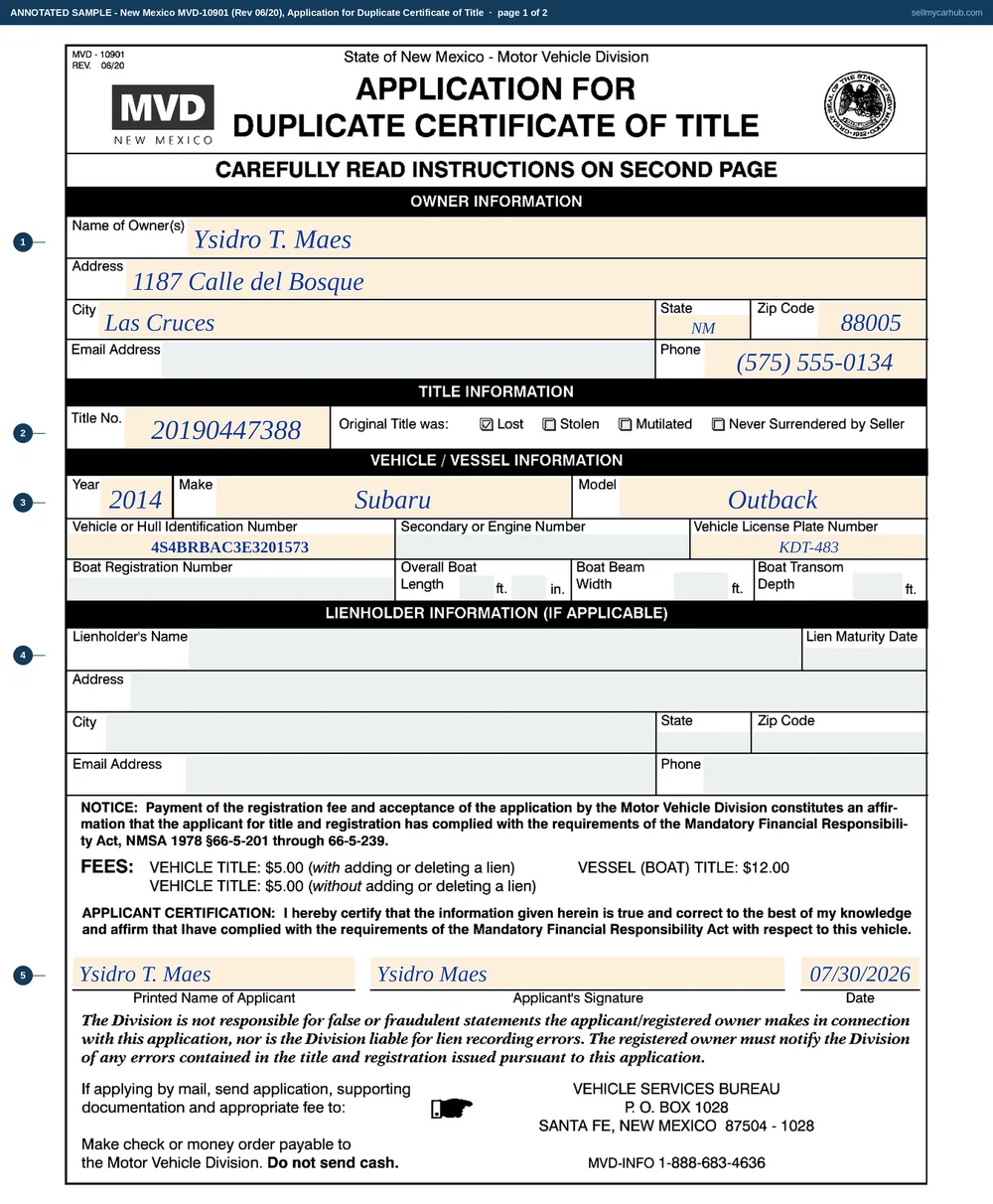 New Mexico form MVD-10901, Application for Duplicate Certificate of Title, filled in: owner Ysidro T. Maes of Las Cruces, title number 20190447388, the Lost box checked, a 2014 Subaru Outback with VIN 4S4BRBAC3E3201573 and plate KDT-483, the lienholder block washed grey because the loan was released, and the applicant certification signed and dated.