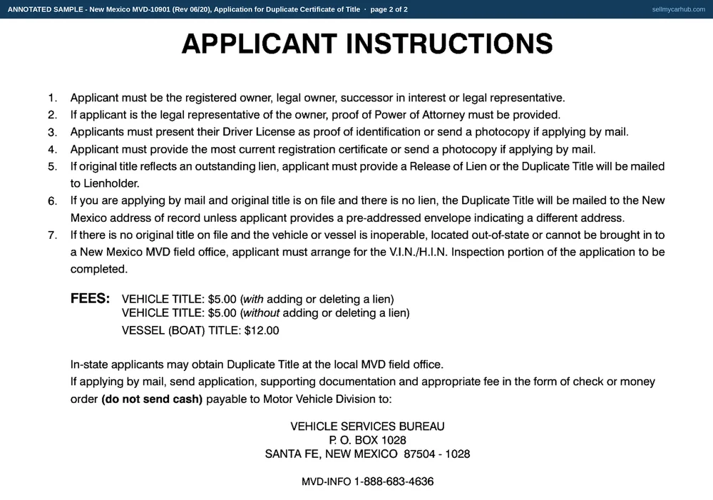 New Mexico form MVD-10901, Application for Duplicate Certificate of Title, filled in: owner Ysidro T. Maes of Las Cruces, title number 20190447388, the Lost box checked, a 2014 Subaru Outback with VIN 4S4BRBAC3E3201573 and plate KDT-483, the lienholder block washed grey because the loan was released, and the applicant certification signed and dated.
