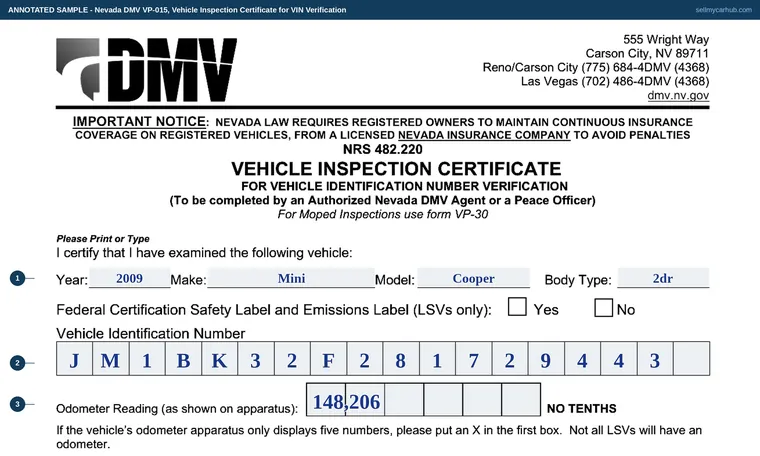 Top of our filled-in example of Nevada VP 015, Vehicle Inspection Certificate for VIN Verification